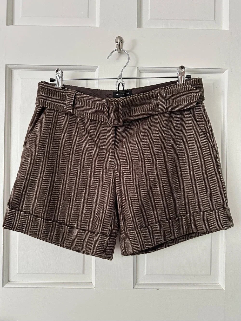 The Limited Drew Fit Brown Herringbone Tweed Cuffed Shorts Belted Waist Size 2